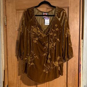 Johnny Was brown Velvet Blouse with Floral Embroidery